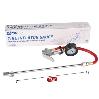 Tire Inflator with Tire Pressure Gauge, Extended Straight-on Air Chuck with 12 Inch Rubber Air Hose