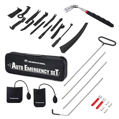 WORKKOOL 26PCS Car Tool Kit with Stainless Steel Assorted 5th Wheel Pin Puller,68 inches Long Distance Puller Hook, Air Wedge and Magnetic Pickup Tool with Flashlight
