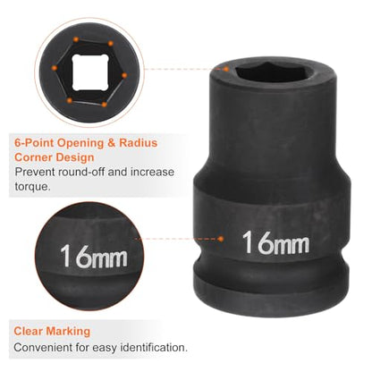 HARFINGTON 6-Point Impact Socket 3/4" Drive 16mm Metric 40Cr Alloy Steel Spindle Axle Nut Impact Socket - size: 16mm