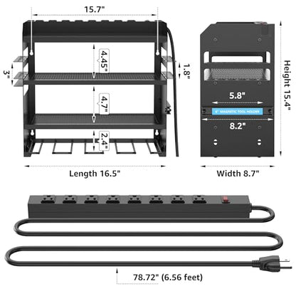 HUPBIPY Modular Power Tool Organizer Wall Mount Drill Holder Garage Shelf | 4 Layer Heavy Duty Rack with Charging Station Drill Holders and Magnetic Tool Holder Strip Tool Battery Holder Gift for Men - color: Black 1 pack