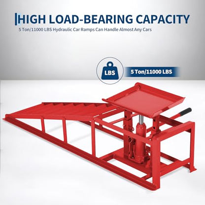 Heavy Duty Hydraulic Car Ramps 2 Pack – 5 Ton 11000 lbs Steel Low Profile Lift – Adjustable Height 9.4-13.34 in – Ideal for Oil Change & Garage Repair – Portable Truck & Low Car Service