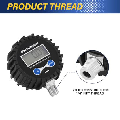 MEASUREMAN 2-1/2" Dial Size Digital Air Pressure Gauge with 1/4'' NPT Bottom Connector and Protective Boot, 0-250psi, Accuracy 1%, Battery Powered with LED Light (Pack of 2) - size: Long thread (Pack of 2), style: 0-250psi