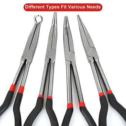 Long Needle Nose Pliers Set - 4 in 1 Bent Needle Nose Pliers 90 Degree - 11 inch Spark Plug Wire Removal Tool for Wire Bending,Shaping,Trimming - style: 4 in 1