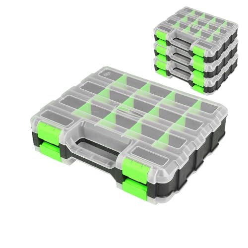 Jack Boss Tool Box with Transparent Lid, Double Side 34-Compartments Organizer Box with Removable Dividers for Hardware, Screws, Bolts, Nails, Beads, Jewelry and Fishing Accessories, Green, 4 Pack - color: Green, size: 4 PACK