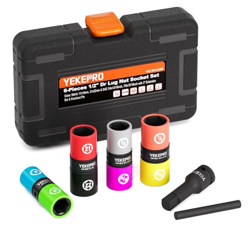 6PCS Lug Nut Socket Set, 1/2" Drive Impact Flip Socket Set | Non-Marring Socket Set, 8 in 1 Dual End Wheel Tire Nut Sockets Metric 17 19 21 22 mm & SAE 3/4" 13/16" 7/8" 15/16"