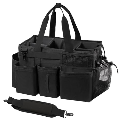 SCAVATA Wearable Cleaning Caddy Organizer with Handle & Shoulder Straps for Housekeepers, Under Sink & Car Cleaning Tool Organizer Bag with 4 Foldable Dividers (Black) - color: Black