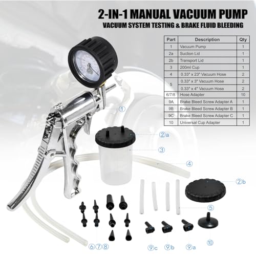 Hand Vacuum Pump Brake Bleeder Kit, Brake & Clutch Bleeding Bleeder | Zinc-diecast Metal, Single Person Design, Automotive Tuning & Testing Silver - color: Silver