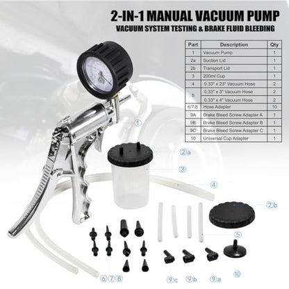 Hand Vacuum Pump Brake Bleeder Kit, Brake & Clutch Bleeding Bleeder | Zinc-diecast Metal, Single Person Design, Automotive Tuning & Testing Silver - color: Silver