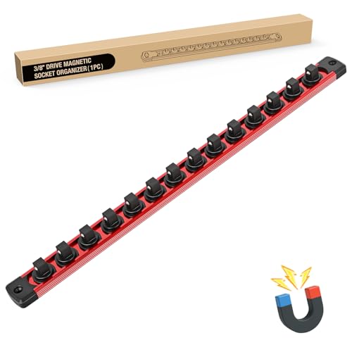 GOOACC Magnetic Socket Organizer 3/8 Inch Socket Holder with 14 360° Swivel Clips Heavy Duty Aluminum Socket Rail Organizer for Tool Box Drawer, Red 1 Piece 3/8" Drive Magnetic Socket Rails Holders - size: Rail Magnetic 1PC 3/8" Red