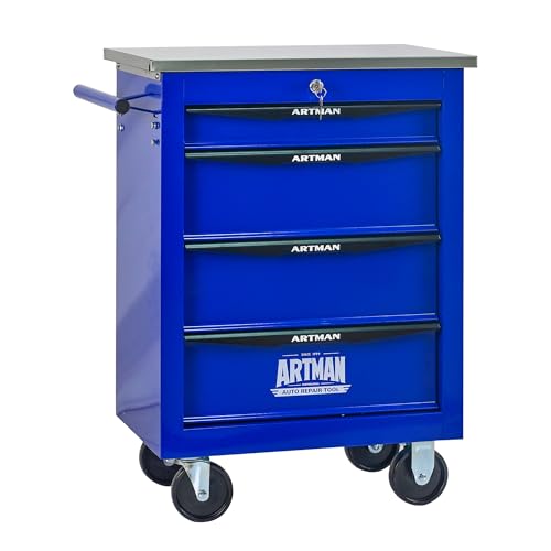 4 Drawers Rolling Tool Chest on Wheels, Stainless Steel Countertop Multifunctional Tool Storage Chest, Drawer Rolling Trolley Organizer Tool Box for Garage,Workshop(4 Drawers-Blue) - color: Blue, size: 4 Drawers 22.2"Wx13.58"Dx30.7"H