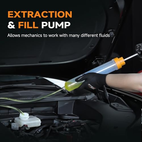 FOUR UNCLES 500cc Fluid Transfer Syringe with Hose for Oil Service | 500cc Capacity,Extended Reach Hose,Aluminum Handle,Professional Control,Heavy-Duty Service Tool - size: 500cc(70cm hose)