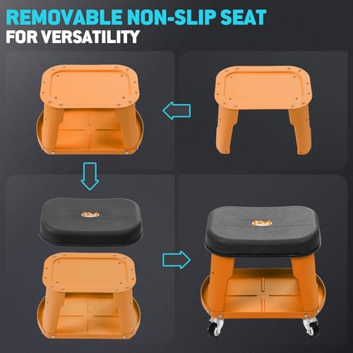 PM PERFORMOTOR Adjustable Height Pneumatic Garage Seat Rolling Mechanic Stool with Tool Tray Storage,300lbs Max Weight Capacity, Orange,PM-TOL-RTS-OG