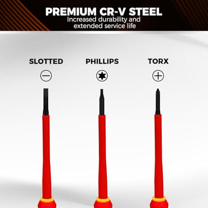 HORUSDY 12-Piece Precision Screwdriver Set, 1000V Insulated Electrician Screwdrivers with Magnetic Tips & Rotatable Top Cap, Phillips PH0/PH00, Slotted 1.8–3mm & Torx T5–T10 with Portable Storage Bag - style: 12-Piece Precision Screwdriver Set