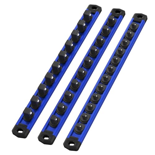 WORKPRO Magnetic Socket Organizer Set, 3-Piece 1/4” 3/8” 1/2” Socket Rails | 1 Piece 1/4-Inchx12 Clips, 1 Piece 3/8-Inchx10 Clips, 1 Piece 1/2-Inchx10 Clips, Aluminum Alloy, Rotatable & Movable Clip - color: Blue, size: 3 Pieces-1/4", 3/8", & 1/2" DR