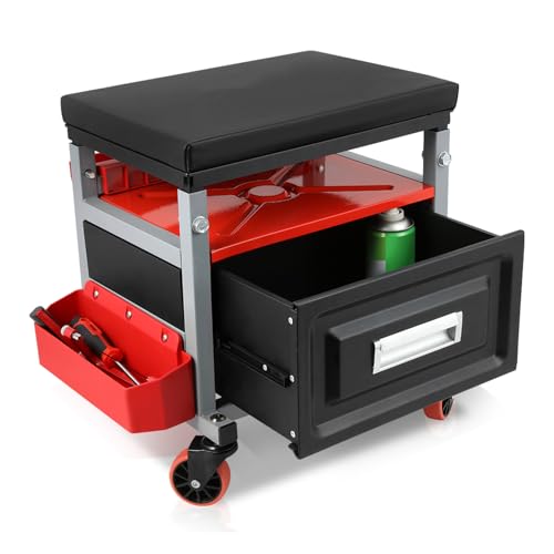 Auto Dynasty Universal Max 350 Lbs Red Stool Mechanic Rolling Creeper Seat with Tool Tray + Storage for Household Home Garage Warehouse Office