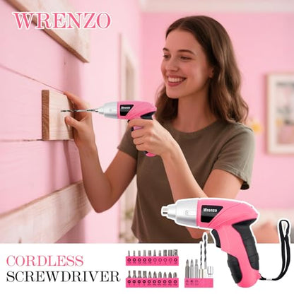 Drill Set,Cordless Drill,Small Tool Kit,112pc 3.6V USB Tool Set,Tool Kit for Dorm,Cordless & Rechargeable,Pink Home Toolbox for Women,DIY Toolbox