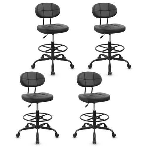 KLASIKA Drafting Stool with Backrest, Tall Adjustable Height Office Chair, PU Leather Swivel Rolling Stool with Footrest & Wheels for Standing Desk, Bar, Salon, Spa, Lab, Counter, Home, Black，4PK - color: Black With Backrest, size: 4PK