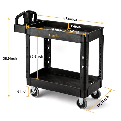 ELAFROS 2-Tier Heavy Duty Utility Cart with Ergonomic Handle, 37.5 x 17 in | 550 lbs Capacity, Deep Shelves, Built-In Tool Compartments, Rolling Service Cart, Work Cart, Mobile Storage Organizer, Garage