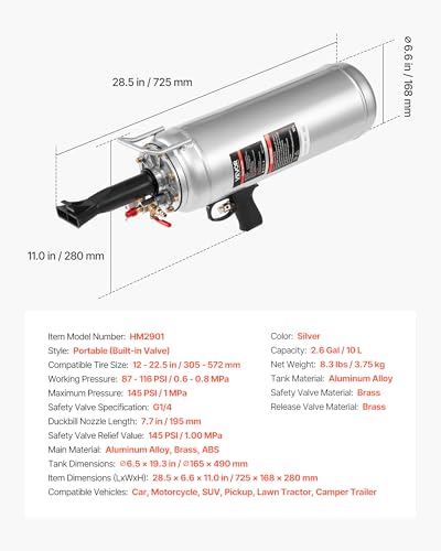 VEVOR Portable Tire Bead Seater, 2.6 Gal/10 L Air Bead Blaster, Handheld Tire Inflator Tool, 87-116 PSI Operating Pressure, Trigger Seating Inflator for Car, Compact SUV, Light Truck, E-Bike, RV, ATV - size: 2.6 Gal/10 L