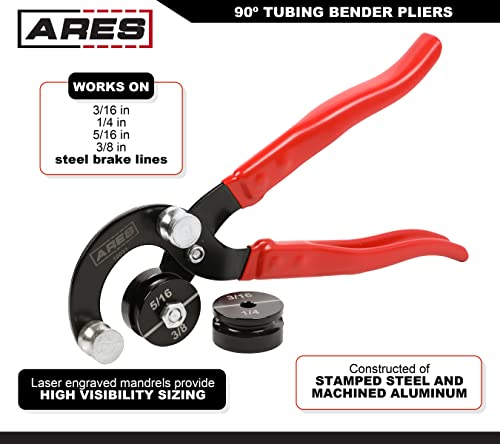 ARES 10031 – 90 Degree Tubing Bender Pliers – 3/16", 1/4", 5/16", 3/8" Brake and Fuel Line Diameters – Works on Brass, Copper, Steel, and Aluminum Tubing - size: 90 Degree Tubing Bender Pliers