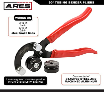 ARES 10031 – 90 Degree Tubing Bender Pliers – 3/16", 1/4", 5/16", 3/8" Brake and Fuel Line Diameters – Works on Brass, Copper, Steel, and Aluminum Tubing - size: 90 Degree Tubing Bender Pliers