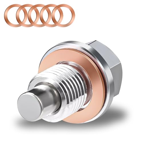 M12 x 1.5 Magnetic Oil Drain Pan Plug, Oil Pan Drain Plug Nut Bolt with 5 PCS Copper Crush Washer Gasket, Universal Engine Stainless Steel Oils Change Kit Leak-Proof Replacement for Most Vehicle - size: M12 x 1.5