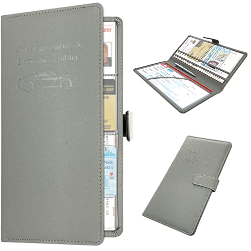 RSAquar Car Registration & Insurance Holder - Leather Glove Box Organizer, Cool Accessories for ID, Driver's License Cards & Essential Documents, Men & Women, Gray - color: Gray