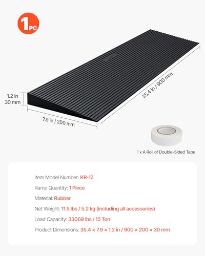 VEVOR 1.2" Rise Cuttable Threshold Ramp for Doorways, 35.4" Wide Natural Rubber Wheelchair Ramp, Non-Slip Solid Rubber Ramp with Double-Sided Tape for Doorways, Driveways, Bathroom, Smooth Tile - size: 1.2‘’ Rise
