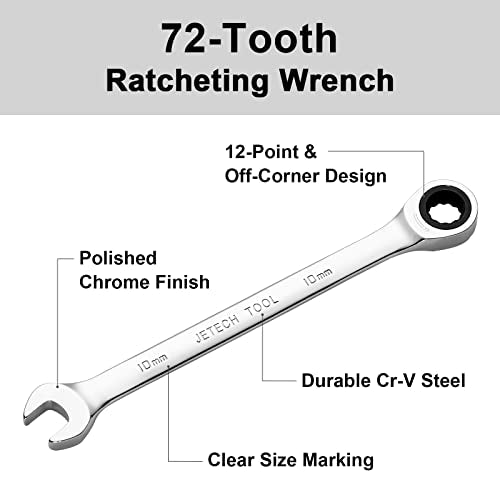 Jetech 10mm Ratchet Wrench, Ratcheting Combination Wrench Metric, Industrial Grade Gear Spanner with 12-Point Design, 72-Tooth Ratchet, Chrome Vanadium Steel for Auto & DIY Repair - size: 10mm