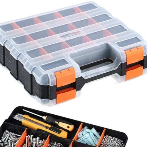 Andalus Tools Organizer Box, Small Parts Storage 34-Compartment Double-Sided Portable Hardware Organizer Removable Plastic Dividers for Screws, Nuts, Bolts, Nails – Orange (1 Pack, 12.5" x 10.5" x 3") - color: Orange, size: 1 Pack