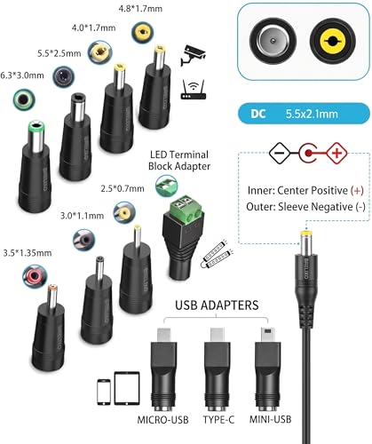 12V 1A Power Supply AC Adapter Replacement with 11 Tips, Regulated 12 Volts 1000mA Cord Charger for LED Strip Light, CCTV Camera, GPS, Webcam, Router, BT Speaker DC12V Transformer
