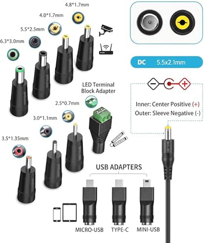 12V 1A Power Supply AC Adapter Replacement with 11 Tips, Regulated 12 Volts 1000mA Cord Charger for LED Strip Light, CCTV Camera, GPS, Webcam, Router, BT Speaker DC12V Transformer