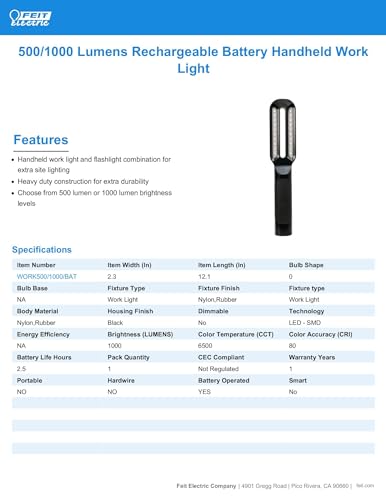 Feit Electric Portable Handheld LED Work Light Flashlight with 1000 Lumens Ultra Bright, Magnetic Base and Rechargeable - WORK500/1000/BAT - size: 9 inches