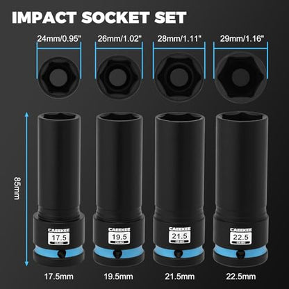 4-Piece 1/2" Drive Lug Nut Impact Socket Set, Non-Marring Thin Wall Wheel Protector Socket，CR-MO, Metric 17.5, 19.5, 21.5, 22.5mm