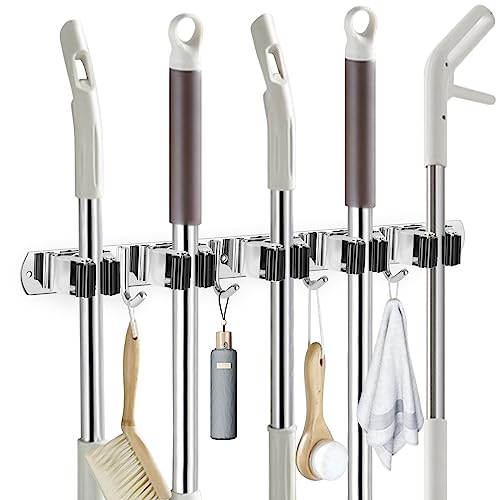 IMILLET Broom Holder Wall Mounted, Stainless Steel Broom Mop Holder Self Adhesive Heavy Duty Hooks Storage Organizer for Home Laundry Room Garden Garage Closet Kitchen 1 Pack（5 Racks with 4 Hooks） - color: 5 Racks with 4 Hooks, size: 1 Pack