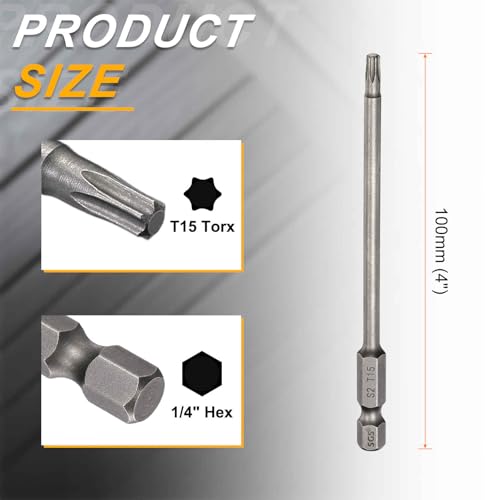 HARFINGTON 10pcs T15 Torx Head Screwdriver Bit 1/4" Hex Shank 4" (100mm) Long Magnetic No Hole Tip Tamper Proof 6 Point Star Screw Driver Drill Bits S2 Steel Industrial Power Screwdrivers - size: T15 x 4"