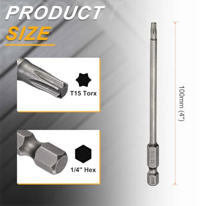 HARFINGTON 10pcs T15 Torx Head Screwdriver Bit 1/4" Hex Shank 4" (100mm) Long Magnetic No Hole Tip Tamper Proof 6 Point Star Screw Driver Drill Bits S2 Steel Industrial Power Screwdrivers - size: T15 x 4"