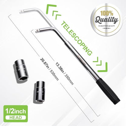 Spurtar Telescoping Lug Wrench Extendable Wheel Brace Lug Nut Wrenchs Tire Repair Tools Wheel Nut Remover 1/2 Drive with 17/19mm and 21/23mm Sockets Storage Canvas Pouch for Car, Van, Truck, Caravan - size: Telescoping