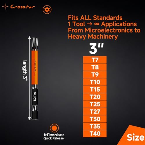 Crosstar 3" Impact Torx Bit Set 15pc (TT7-TT40) S2 Steel Security Tamper Proof Star Bits, 1/4" Hex-Shank Magnetic Holder & Storage Box w/Magnetizer - size: T7-T40 (3IN)