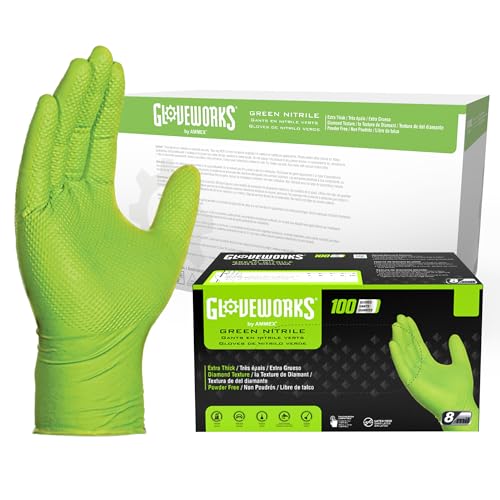GLOVEWORKS HD Green Gloves, 8 Mil Nitrile Disposable Heavy Duty Raised Diamond Grip Mechanic Glove, Bulk Purchasing Options - size: Medium, style: Case of 1000