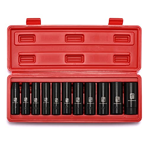 MIXPOWER 11 Pieces 1/2-Inch Drive Deep Impact Socket Set, 3/8-Inch to 1-Inch, CR-V, SAE, 6 Point, Deep, 11 Pieces 1/2" Dr. Socket - size: 9.5 mm - 25.4 mm (Deep, 11PCS)