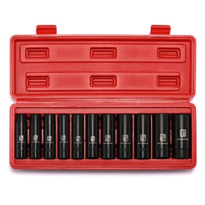 MIXPOWER 11 Pieces 1/2-Inch Drive Deep Impact Socket Set, 3/8-Inch to 1-Inch, CR-V, SAE, 6 Point, Deep, 11 Pieces 1/2" Dr. Socket - size: 9.5 mm - 25.4 mm (Deep, 11PCS)