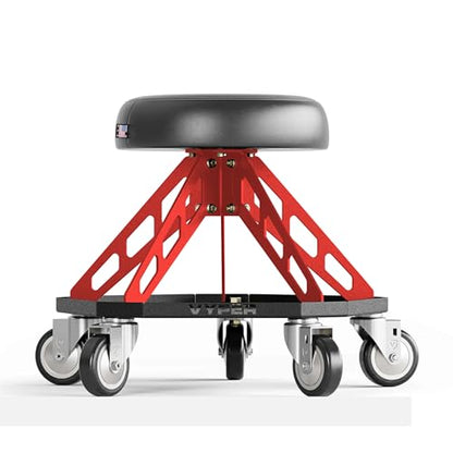 Vyper Robust Steel Pro Garage Stool Large Wheels, Red Frame | Robust steel garage stool with 400 lb capacity, large industrial casters, foam seat, tool tray, and red frame for auto or DIY - color: Black Seat, Red Frame
