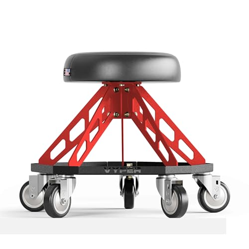 Vyper Robust Steel Pro Garage Stool Large Wheels, Red Frame | Robust steel garage stool with 400 lb capacity, large industrial casters, foam seat, tool tray, and red frame for auto or DIY - color: Black Seat, Red Frame