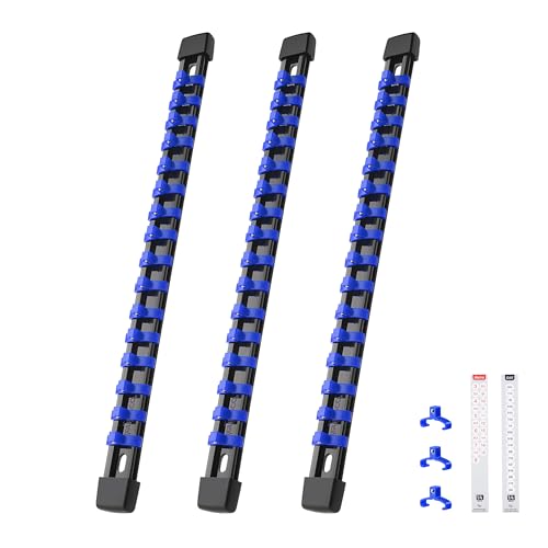 Reniteco 3-Piece Socket Organizer - 1/4-Inch Drive x 48 Clips, Heavy Duty ABS Socket Holder with Removable End Caps, Premium Socket Rail for Tool Box Drawer - color: Blue, size: 1/4" DR