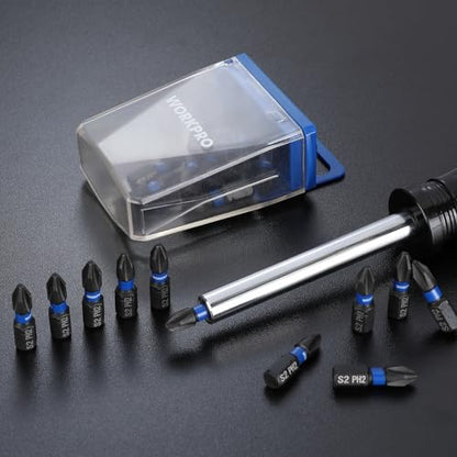 WORKPRO 20pcs PH2 Impact Phillips Screwdriver Bit Set, CNC Machined S2 Steel Tips with Magnetism, 1/4" Hex-Shank Driver Bits, 1" Long Impact Screwdriving Bits with Storage Box - size: 1 in