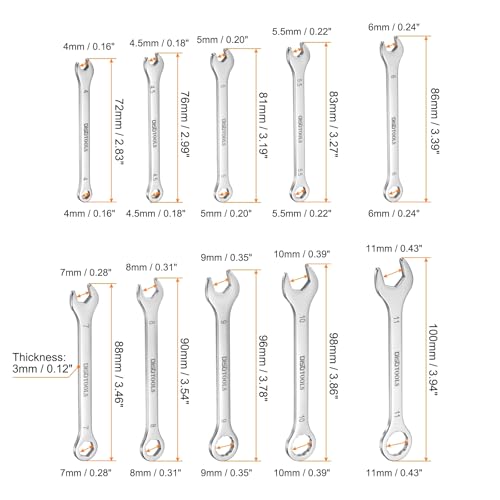HARFINGTON Thin Combination Wrench Set 4/4.5/5/5.5/6/7/8/9/10/11mm Offset 6-Point Ended Box and 15°Angled Open End Mini Combination Wrench 30Cr13 Metric Spanner with for Auto Repairs