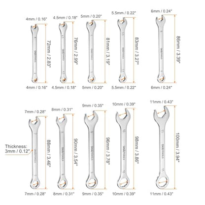 HARFINGTON Thin Combination Wrench Set 4/4.5/5/5.5/6/7/8/9/10/11mm Offset 6-Point Ended Box and 15°Angled Open End Mini Combination Wrench 30Cr13 Metric Spanner with for Auto Repairs