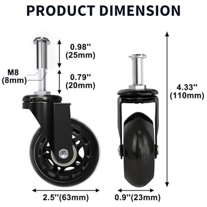 MySit Creeper Caster Wheels Set of 4 Heavy-Duty 2.5 Inch Casters Replacement Roller Blade Rubber 360 Degree No Noise Wheel for Mechanic Stool, Rolling Garage Seat - style: 4 Pack No Brakes