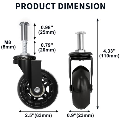 MySit Creeper Caster Wheels Set of 6 Heavy-Duty 2.5 Inch Casters Replacement Roller Blade Rubber 360 Degree No Noise Wheel for Mechanic Stool, Rolling Garage Seat - style: 6 Pack No Brakes
